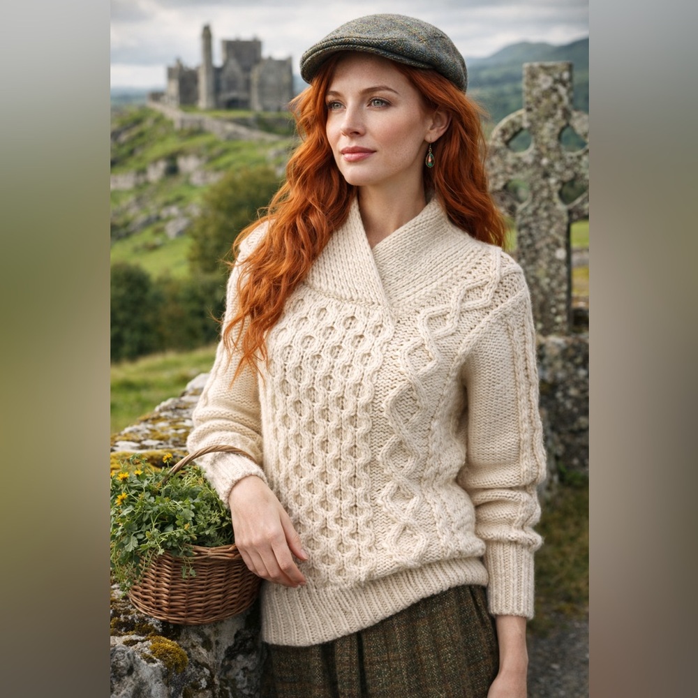 Hand knit Irish Aran Wool Fisherman’s Hooded Sweater Cableknit Pullover Celtic